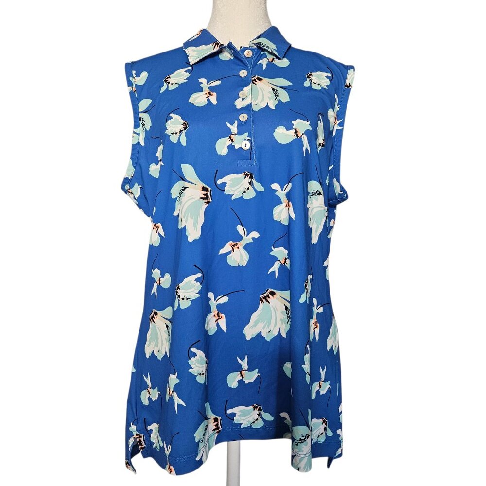Peter Millar Women's Large Cattley Performance Polo Blue Floral Sleeveless Golf